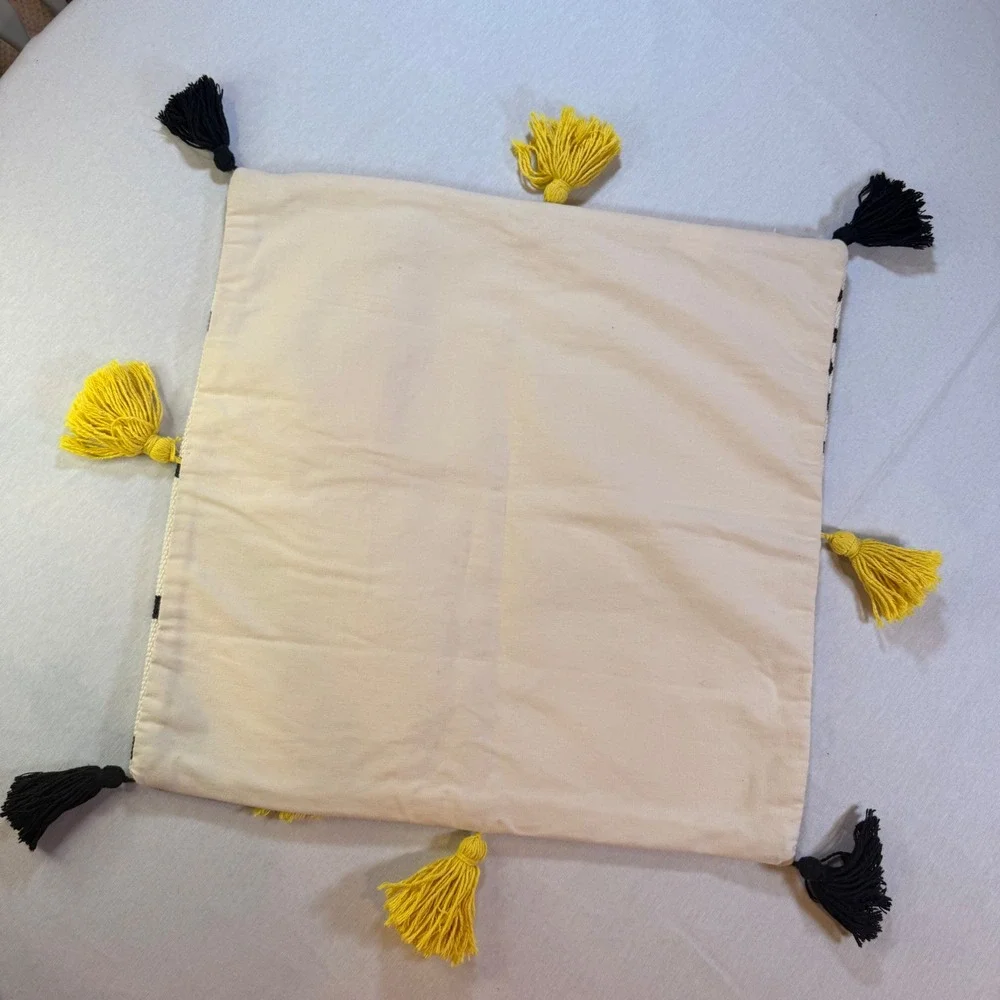 Throw Pillow Cover 18x18 White Yellow Black Tassels Geometric Tufted Boho